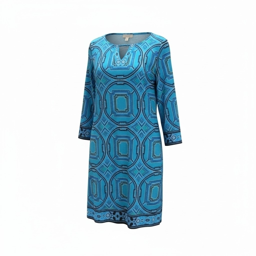 Chico's 1 (S/8) Geometric Sheath Dress Black Blue Purple Split V Keyhole Bar
